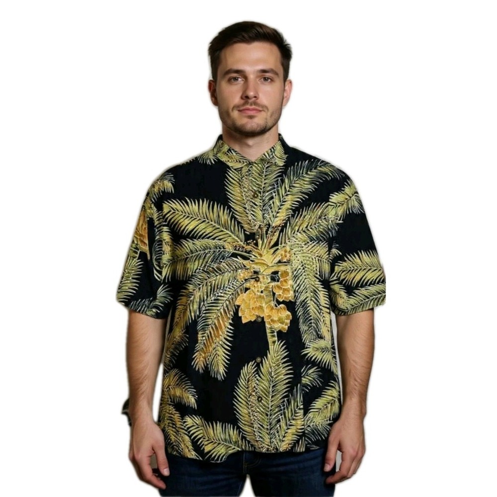 TOMMY BAHAMA Mens Tropical Hawaiian Palms Button Down Silk‎ Shirt Size L Resort